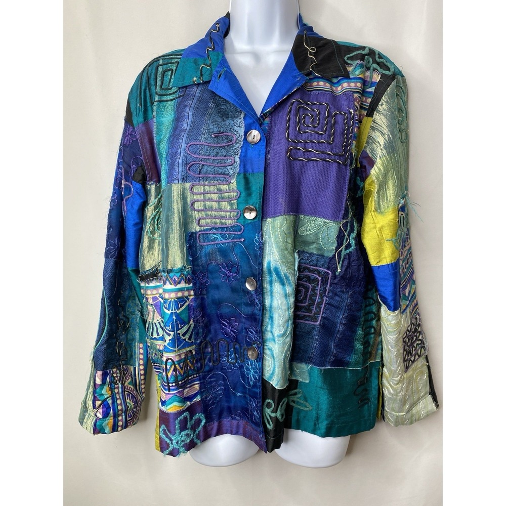 Vintage Chicos Designs Womens Size 1 Embroidered Patchwork Art Silk Blend Jacket